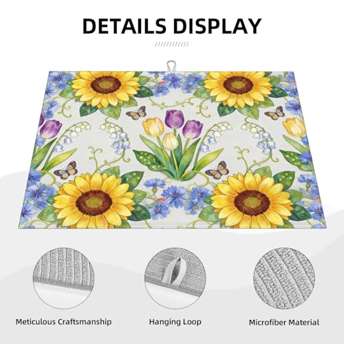 Kitchen Drying Mat for Countertop Sunflower Tulip Floral Garden Pattern Non-Slip Kitchen Counter Mat for Dishes Glassware - color: Yellow Purple
