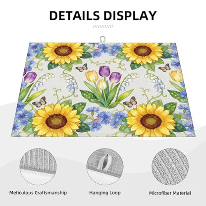 Kitchen Drying Mat for Countertop Sunflower Tulip Floral Garden Pattern Non-Slip Kitchen Counter Mat for Dishes Glassware - color: Yellow Purple