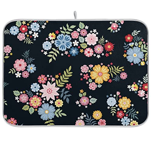 Absorbent Dish Drying Mat for Kitchen Counter - Black Flower Watercolor Fruit Microfiber Drying Pad, Reversible Drainer Mats for Countertop, Medium 16 x 18 inch - color: 17 Black Flower Watercolor Fruit, size: M