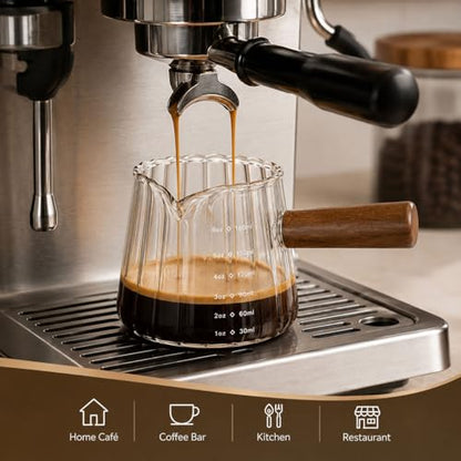 2 Pack Espresso Measuring Cup 6oz, Febwind Ribbed Borosilicate Glass Espresso Shot Cups with Wood Handle, V-Shaped Spout with oz/ml Scale for Coffee and Milk Frothing Clear - color: Clear (2 Pack)