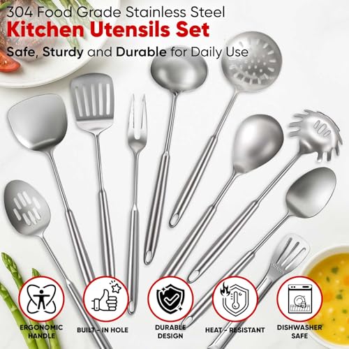Newness 10 Pcs Cooking Utensils Set,18/8 304 Stainless Steel Kitchen Utensils Set, Metal Kitchen Accessories, Include Soup Ladle, Slotted Skimmer Spoon, Spaghetti Spoon, Spatula, Tongs,Dishwasher Safe - size: 10 PCS Cooking Utensils Set