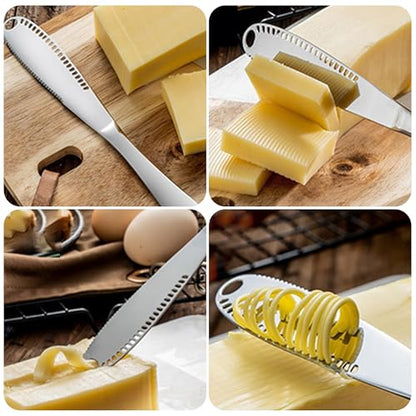 Cheese-Slicer Cheese-Cutter, Stainless-Steel-Cheese-Slicer with 5 Replacement-Wire Cheese Cutters for Block-Cheese Metal Cheese Slicers Cutting Board with Butter-Spreader Stainless Steel Knife