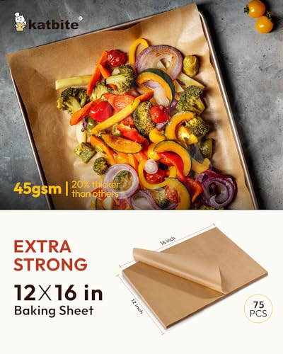 Katbite 75Pcs Unbleached Parchment Paper Sheets 12x16IN, Pre-Cut Heavy Duty Parchment Baking Paper, Non-Stick Half Sheet Brown Baking Parchment Paper for Air Fryer, Baking Cookie [Extra Strong Series] - color: 12"x16"-75