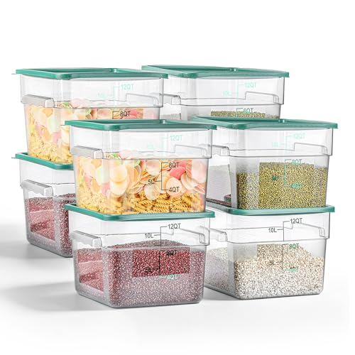 EGGKITPO 8 Pack 12 QT Food Storage Containers with Green Lids Hot Cold Resistant Stackable Square Commercial Container Set with Handle Scarle Commercial Kitchen service Business BPA-Free Polycarbonate - color: Green Lids, size: 12.0 QT