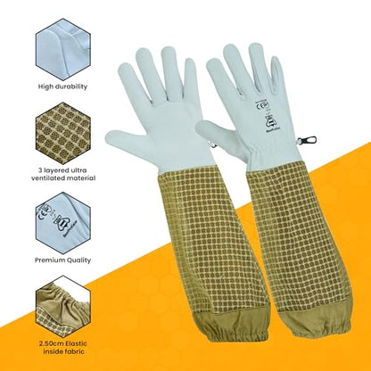 BeeProGear Beekeeping Gloves Goatskin Leather – Sting-Resistant Protective Beekeeper Gloves with Long Canvas Sleeve