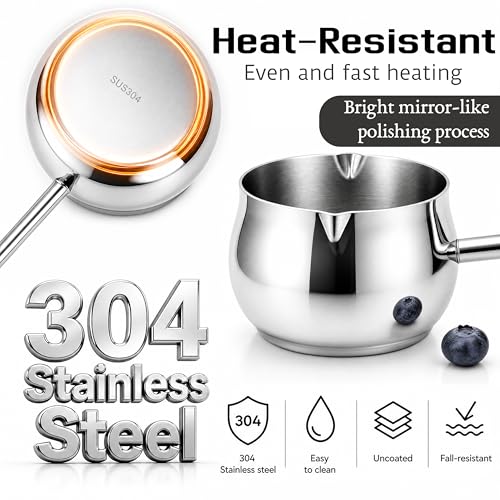 SOUJOY 2Pcs Stainless Steel Oil Ladle with Dual Pour Spout, 9oz Sauce Scoop | SUS304 Small Milk Pot, Heat-Resistant Long Handle Soup Gravy Spoon, Butter Warmer for Kitchen Cooking Serving