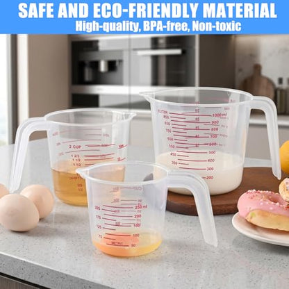 DTDNZKN 3 Pack Measuring Cups, 250ml (1-Cup), 500ml (2-Cup) &1000ml (4-Cup) | Plastic Liquid Measuring Cups - Clear Markings for Baking, Cooking, Mixing, Oil & Water Measurement - Essential Kitchen Tools