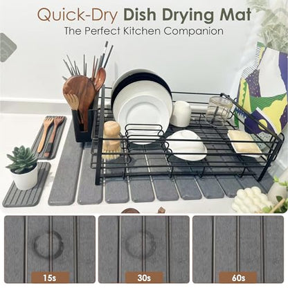 Large Stone Dish Drying Mat for Kitchen Counter, Foldable Quick Dry Stone Dish Mat, Diatomaceous Earth Water Absorbing Pad for Plate Utensils Rack Bottles, Any Countertop (Dark Gray 24"×16" & 2*8"x4") - color: Dark Gray