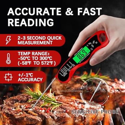 Meat Thermometer Digital，IP67 Waterproof Cooking Thermometer with Backlight, Calibration & Hold Function，Food Thermometer for Cooking,Outdoor Grilling - color: Red