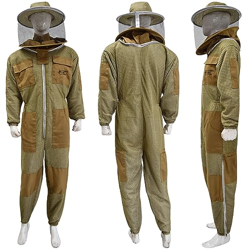 Highly Ventilated Beekeeping Suit Beekeepers 3 Layer Premium bee Suit for Men & Women with Pair of Gloves - color: Khaki Round Veil, size: 3X-Large