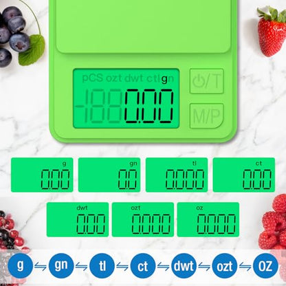 Digital Pocket Grams Scale, Diyife 1000g/0.01g High Precision, 7 Units Conversion Mini Scale with LCD Display, Tare Function for Food, Jewelry, Powder, Green - color: Green