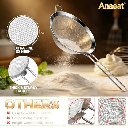 Anaeat Fine Mesh Strainers - Premium Stainless Steel Colander Sieve Sifters, with Durable Mesh and Sturdy Handle, Excellent for Sifting Dry ingredients, Flour, Pastas, Rice, Tea (9.45"） - color: 9.45" Diameter