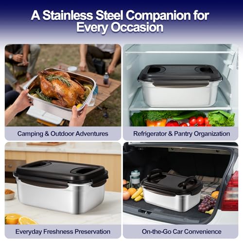 QCQHDU Stainless Steel Food Storage Containers, 5500 ML/ 186 oz / 23 Cup Large Food Storage Meal Prep Containers with Airtight Lids for Roasting Turkey, Chicken, Baking Casserole, Fruits, Party