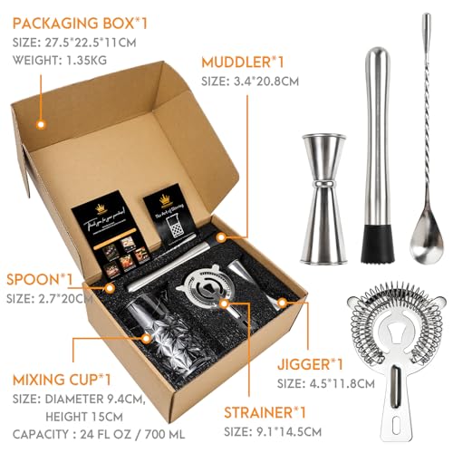 Cocktail Mixing Glass Kit, Bartender Gifts for Men | 24 OZ Crystal Stirring Glass with 304 Stainless Steel Bar Tools – 2 OZ 1 OZ Jigger, Muddler, Strainer, Spoon, Recipe