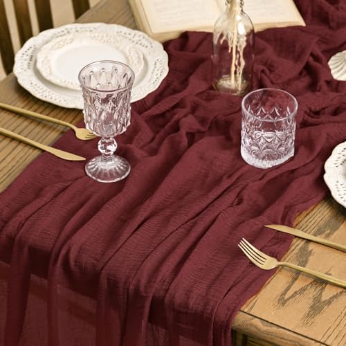 Artoid Mode Boho Cheesecloth Gauze Burgundy Wedding Table Runner, 120 Inch Seasonal Fabric Kitchen Dining Holiday Table Decor for Home Party Indoor - color: Burgundy, size: 120"