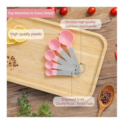 10Pcs Measuring Cups & Spoons Set, Stackable Cups and Spoons, Nesting Measure Cups with Stainless Steel Handle, Kitchen Gadgets for Cooking & Baking (Pink) - color: Pink
