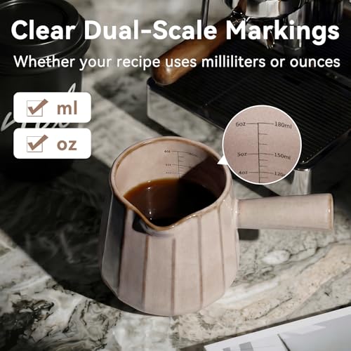 Ceramic Espresso Cup with Handle, Striped Design, 6oz/180ml Capacity,Expresso Measuring Shots Cups with Spout,Espresso Accessories,Coffee Cup,Milk Measuring Cup(pinkish brown) - color: pinkish brown