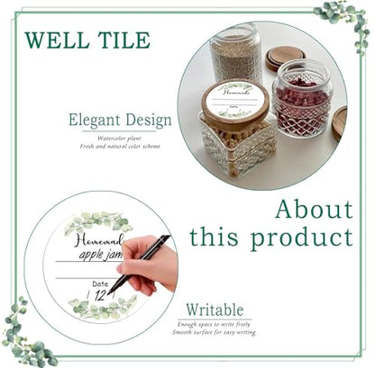 Canning Jar Labels 2 Inch Waterproof Mason Jar Stickers for Home Canning | Watercolor Green Plant Design with Date Lines for Homemade Jam Jelly Pantry Organization Small Business Food Packaging