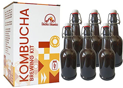 Deluxe Kombucha Starter Kit with Kombucha SCOBY & Starter Tea, Full Kombucha Kit with Bottles Swing Top Glass Bottles Kombucha Brewing Kit + 6 Bottles to Flavor Kombucha (Amber Bottles) - color: Amber