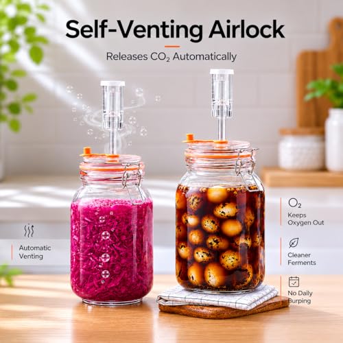 Fermenting Jars, 1.5L Fermentation Kit With Glass Weights, 2-Pack | Wide-Mouth 2L Glass Jar With Self-Venting Airlock, Ideal For Sauerkraut, Kimchi, Pickles And Other Homemade Ferments - size: 1.5 Liter