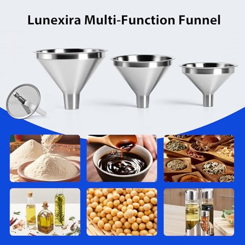 4-Piece Stainless Steel Kitchen Funnel Set, Includes 3 Funnel Sizes and 1 Strainer. Ideal for transferring seasonings, Oils, Liquids, Dry Goods and Powders. Durable and Easy to Clean.