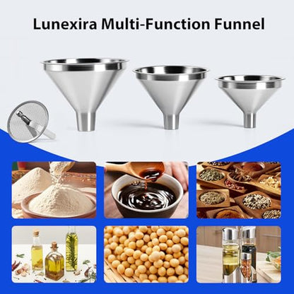 4-Piece Stainless Steel Kitchen Funnel Set, Includes 3 Funnel Sizes and 1 Strainer. Ideal for transferring seasonings, Oils, Liquids, Dry Goods and Powders. Durable and Easy to Clean.