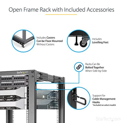 StarTech 8U 4-Post Server Rack, 19in Open Frame Rack with 40in (101cm) Mounting Depth and 1200lb (544kg) Weight Capacity, Mobile or Floor Mount IT Rack - size: 8U