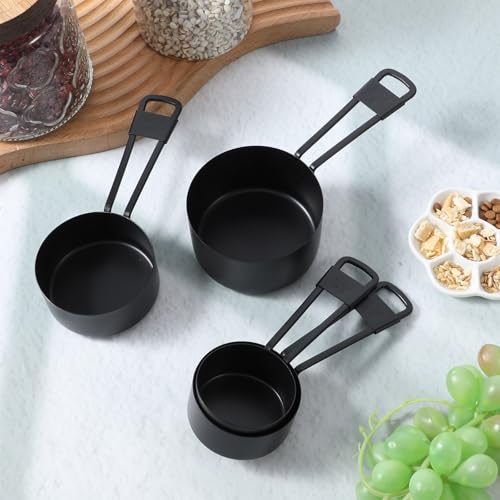 9 PCS Black Stainless Steel Measuring Cups and Spoons Set, Nesting Metal Measuring Cup with Ring Connector for Liquid and Dry Ingredients, Cooking and Baking (Black) - color: Black