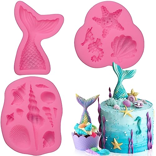 SAKOLLA Mermaid Theme Silicone Fondant Mold - Mermaid Tail Seashell Starfish Hippocampus Conch Silicone Mold for Under The Sea Cake Decoration, Gum Paste, Polymer Clay, Cupcake Decor, Sugar Craft - color: Mermaid Theme 3 Pcs/Red