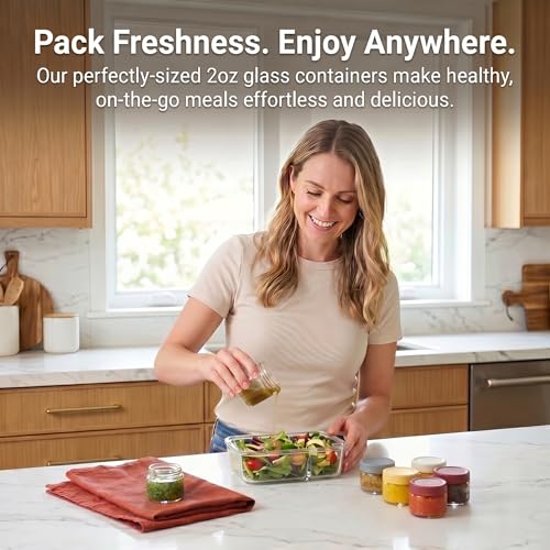 EONJOE 2 oz Glass Dressing Containers With Lids, Sauce Jars for Lunch, 6pk | Airtight ,BPA Free,Perfect for salad dressing sauce dip condiment to go lunch box Accessories , Dishwansher safe - size: 2oz