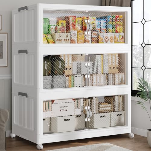 480QT Extra Large Stackable Storage Bins with Lid & Wheels & Doors, 120Gal Foldable Collapsible Closet Organizers, Plastic Cabinet Box Container Drawer for Home Kitchen Bedroom, 3Pack White - color: White, size: 160QT-3Pack