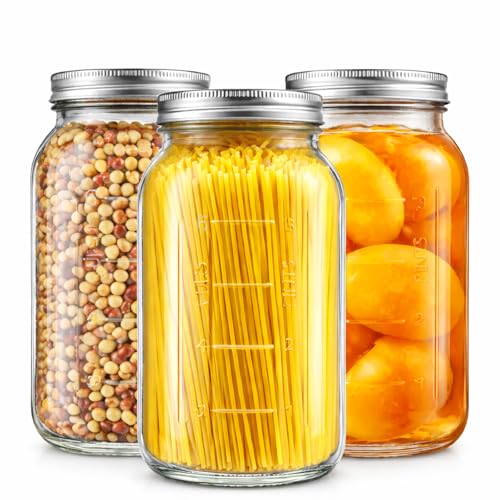 Glyntrof 64 oz Mason Jars Wide Mouth with Airtight Lids, 2 Quart Glass Canning Jar for Fermenting, Pickling and Food Storage, Pack of 3 - color: 64oz-3 pcs