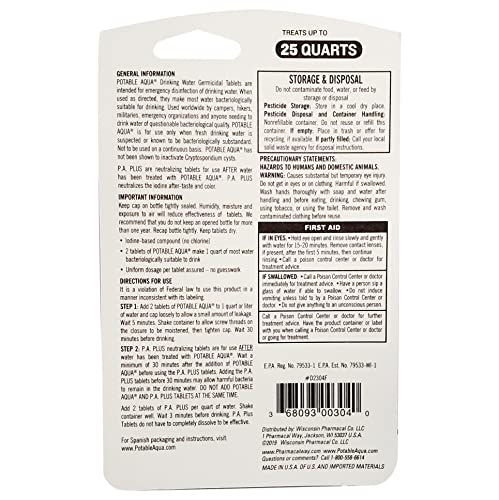 Potable Aqua Water Purification Tablets With PA Plus - Two 50 count Bottles