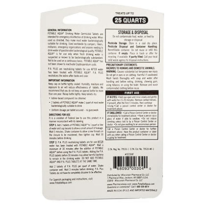 Potable Aqua Water Purification Tablets With PA Plus - Two 50 count Bottles