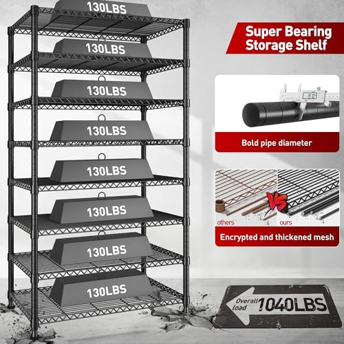REIBII 8 Tier Metal Shelving 75"H Storage Shelves Tall Wire Shelving Unit Adjustable Detachable Storage Shelves for Laundry Pantry Kitchen Commercial school 1040LBS Storage Rack 75"H X 35"W X 14"D - size: 【8 Tier】75"H X 35"W X 14"D