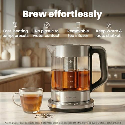 Viante Alba Electric Tea Kettle With Infuser, No Plastic, 1.5L | Borosilicate glass & 304 stainless steel construction. 4 temp presets, keep-warm, cordless, auto shut-off - style: Stainless Steel