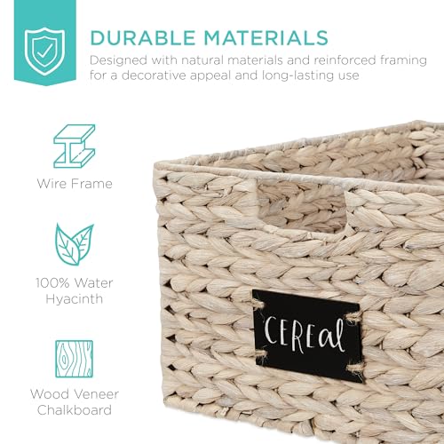 Best Choice Products 식료품 저장실 바구니 40.6 x 30.5cm(16 x 12인치) 워터 히아신스 보관 바구니 2개 세트, 손잡이가 달린 우븐 고리버들 주방 정리함, 칠판 라벨 분필 마커 포함 - 화이트 - color: 화이트., size: 12x16x8in