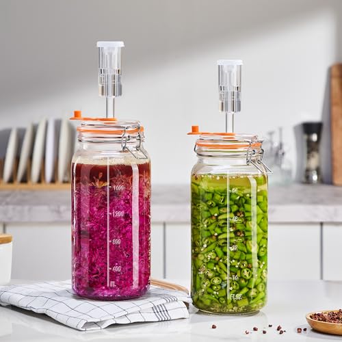 JILLMO Wide Mouth Glass Fermentation Jar with Airlock & Glass Weight, 2L (64oz) Fermenting Jar for Sauerkraut, Kimchi, Pickles & More,Pack of 2 - size: 2 Liter