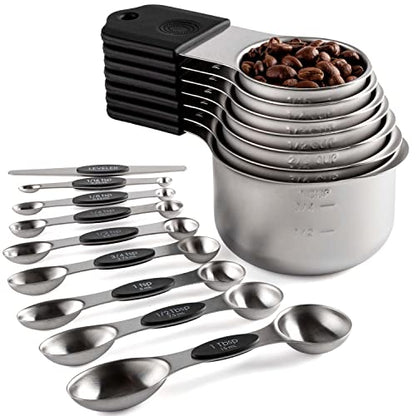 Magnetic Measuring Cups and Spoons Set Including 7 Stainless Steel Stackable Measuring Cup 8 Double Sided Magnetic Measuring Spoons with 1 Leveler for Dry and Liquid Ingredients (black) - color: Black