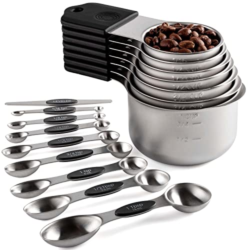 Magnetic Measuring Cups and Spoons Set Including 7 Stainless Steel Stackable Measuring Cup 8 Double Sided Magnetic Measuring Spoons with 1 Leveler for Dry and Liquid Ingredients (black) - color: Black