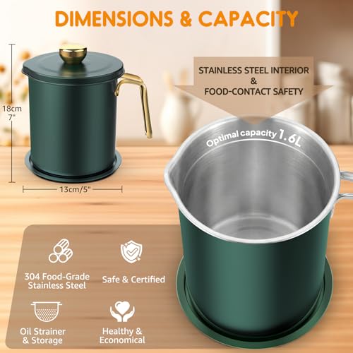 Chihee Grease Container Stainless Steel 2L / 67.6 fl oz Fine Mesh Strainer | Easy to Clean Large Spout Bacon Grease Saver Cooking Oil Keeper Stoarge Can with Dust-proof Lid Non-slip Tray Kitchen Frying - color: Dark green/Golden(2L)