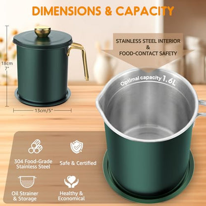 Chihee Grease Container Stainless Steel 2L / 67.6 fl oz Fine Mesh Strainer | Easy to Clean Large Spout Bacon Grease Saver Cooking Oil Keeper Stoarge Can with Dust-proof Lid Non-slip Tray Kitchen Frying - color: Dark green/Golden(2L)