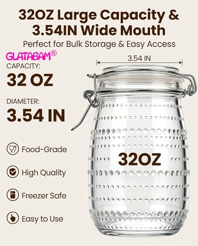 32 OZ Glass Mason Jars with Airtight Clip-Top Lids 6 Pack, Wide Mouth Reusable Glass Storage Jars for Kitchen Pantry, Pickling, Jam, Coffee Beans & Meal Prep (32 oz)