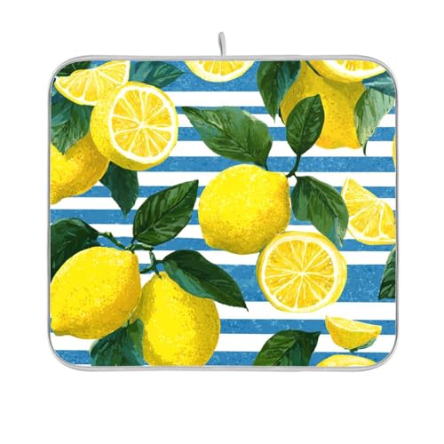 Dish Drying Mat for Kitchen Counter Dish Mat Dish Drainer Mats Kitchen Drying Mat Pad Microfiber Absorbent Reversible 16x18 Inch Blue Striped Summer Lemons - color: Blue Striped Summer Lemons, size: 18" x 16"