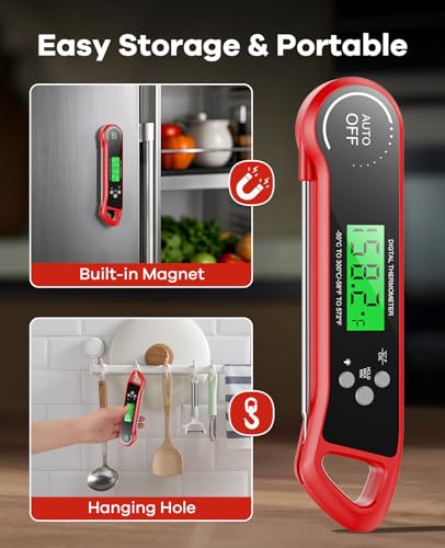 SILVLF Meat Thermometer Digital, Instant Read Thermometer with Backlight, Calibration & Hold Function, Waterproof Food Thermometer for Kitchen and Outside, BBQ,Turkey, Candy, Liquids, Beef - color: red