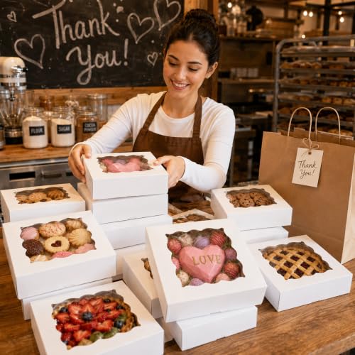 NPLUX 20 Pack Pie Boxes 10x10x3inch Bakery Boxes with Window Dessert Pastry Box for Pies,Cheesecakes and Chocolate Covered Strawberries, Graduation Gifts Party Favors(White) - color: White