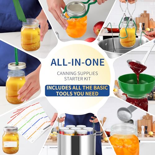 Canning Supplies Starter Kit,Canning Kit for Beginners of 9 with Jar Lifter，Wide Mouth Funnel,Wrench,Tongs,Lid Lifter,Bubble Popper,Canning Labels,ladle,Measuring spoon-Deep Green - color: X9-Green