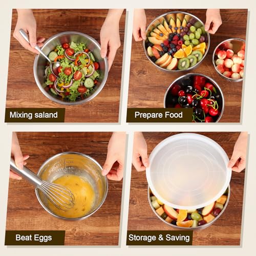 Geetery 7 Pcs Stainless Steel Kitchen Accessories Set 3 Nesting Mixing Bowls with Lid(1.5/3/5qt), 1 Colander with Handle(5qt), 3 Fine Mesh Strainers(8/14/20cm) for Cooking, Baking, Prepping, Draining