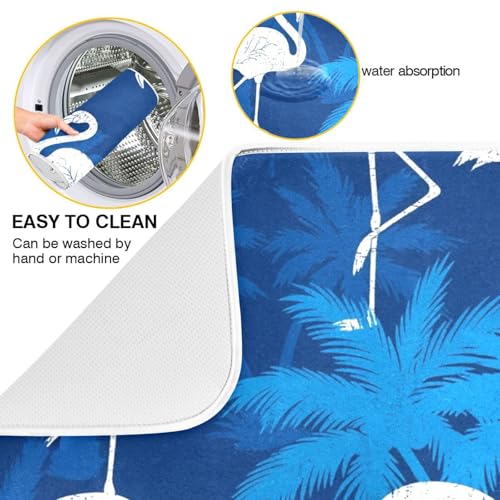 Flamingo Palm Trees Blue Dish Drying Mat for Kitchen Counter Super Absorbent Draining Mat with Non-slip Backed Dishwashing Mat for Dish Bottles Cups Bowl Countertops Sinks Draining Racks