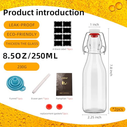 2 Pack Swing Top Glass Bottles 8.5 oz,Flip Top Beer Brewing Bottles for Kombucha, Homemade, Kefir, Water, Beverages, Soda, Oil, Vinegar, Fermentation,Limoncello
